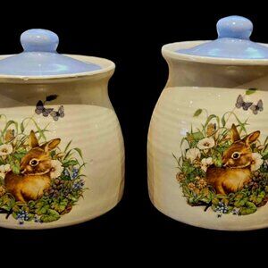 RARE! 2 Large Cream Blue Stoneware Canisters w/Lids Bunny/Butterfly Flowers
